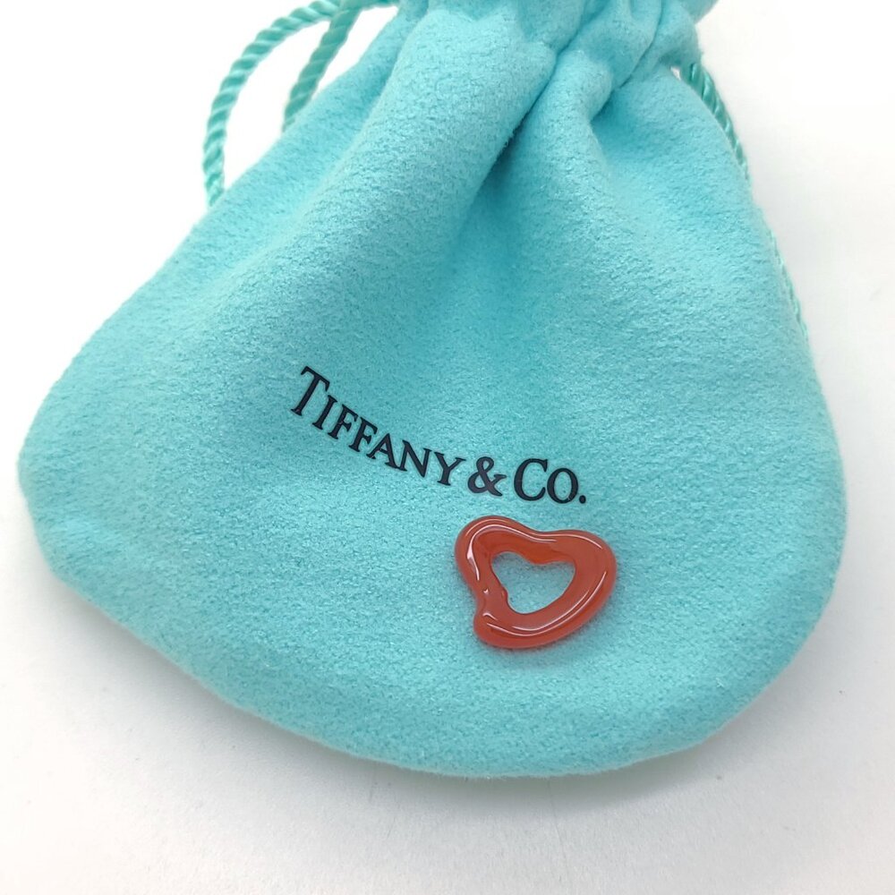 Tiffany & Co. Elsa Peretti Red Carnelian Carved Small Open Heart Pendant + Pouch